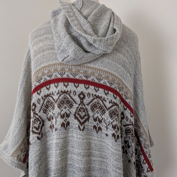 Fringe Knit Poncho Cape Hoodie Hooded Button Down open Front Abstract - Picture 10 of 11